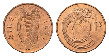 Ирландия 1 пенни 1971 мифологическая птица лира KM 20 бронза UNC 4690-345