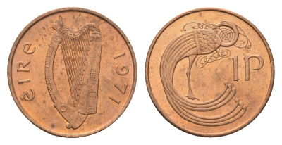 Ирландия 1 пенни 1971 мифологическая птица лира KM 20 бронза UNC 4690-345