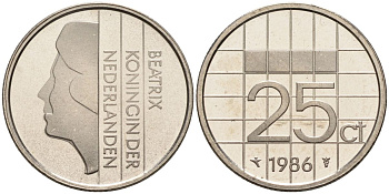 Нидерланды 25 центов 1986 Беатрикс (1980-2013) KM 204 никель UNC 4588-868