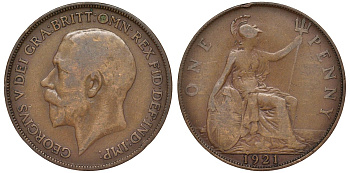 Великобритания 1 пенни 1921 Георг V (1910-1936) KM 810, Spink 4051 бронза 4123-1136