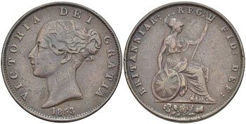 Великобритания 1/2 пенни 1853 Виктория (1837-1901) KM 726, Spink 3949 медь  1518-1343