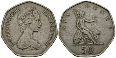 Великобритания 50 пенсов 1969 Елизавета II (1952-2022) KM 913, Spink 4223 (H1) медно-никель 4137-344