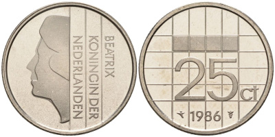Нидерланды 25 центов 1986 Беатрикс (1980-2013) KM 204 никель UNC 4588-868