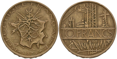 Франция 10 франков 1979 тип Матье KM 940, Le Franc 365.13-14 никель латунь 4159-716