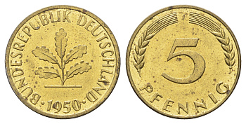ФРГ 5 пфеннигов 1950 J KM 107, J. 382 сталь плакированная латунью aUNC 4697-553