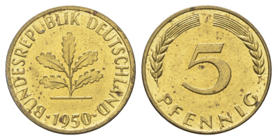 ФРГ 5 пфеннигов 1950 J KM 107, J. 382 сталь плакированная латунью aUNC 4697-553