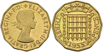 Великобритания 3 пенса 1955 Елизавета II (1952-2022) KM 900, Spink 4153 никель латунь 4592-422