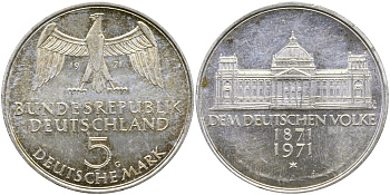 ФРГ 5 марок 1971 G, 100 лет основания Германской Империи KM 128.1, J. 409 серебро 58-925