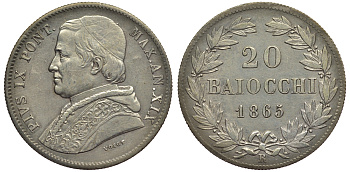 Ватикан 20 байоччи 1865 R, год XIX, папа Пий IX (1846-1878) KM 1360 (С173а) серебро 1521-214