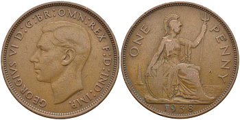 Великобритания 1 пенни 1938 Георг VI (1936-1952) КМ 845, Spink 4114 бронза 115-345