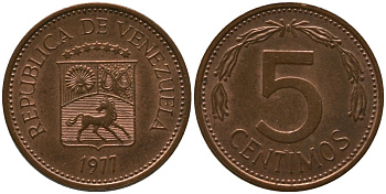 Венесуэла 5 сентимо 1977 KM 49 сталь плакированная бронзой 4576-657