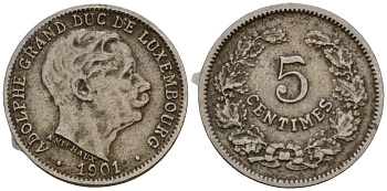 Люксембург 5 сантимов 1901 герцог Адольф (1890-1905) KM 24 медно-никель 4602-331