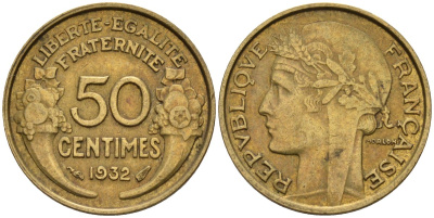 Франция 50 сантимов 1932 KM 894.1, Le Franc 192.15 алюминиевая бронза 4596-752