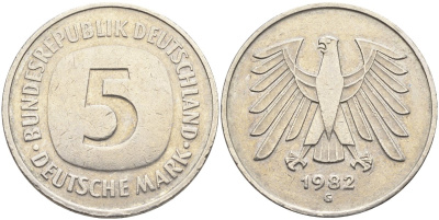 ФРГ 5 марок 1982 G KM 140.1, J.415 медно-никель плакированный никелем 4139-123