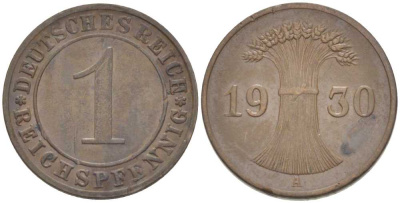 ГЕРМАНИЯ 1 РЕЙХСПФЕННИГ 1930 A KM 37, J. 313, Weege 2 бронза 206-832