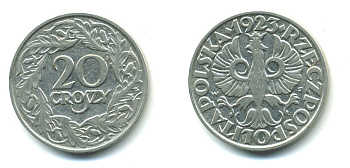 ПОЛЬША 20 ГРОШЕЙ 1923 KM 12 никель 4383-165