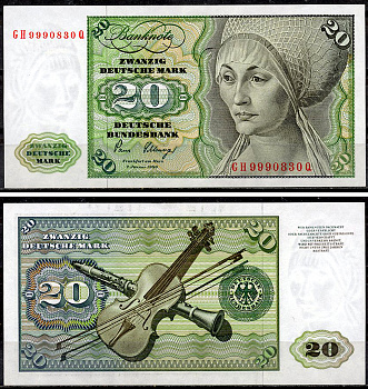 ФРГ 20 марок 1980 Эльсбет Тухер (Альбрехт Дюрер), скрипка, кларнет, без Deutsche Bundesbank Pick 32 c  бумага  aUNC 451-920-1