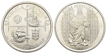 Португалия 1000 эскудо 1998 Король Мануэл I KM 713 серебро BU 1088-3-51