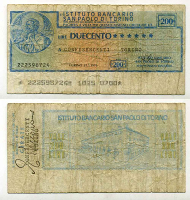 Италия чек на 200 лир 1976 Istituto Bancario san Paolo Di torino, confesercenti torino, 21 января 1976 бумага 8588-9-3-1