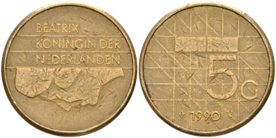 Нидерланды 5 гульденов 1990 Беатрикс (1980-2013) KM 210 Никель с бронзовым покрытием 4165-342