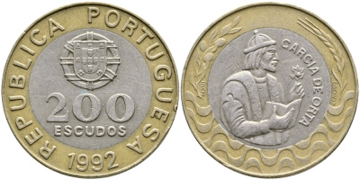 Португалия 200 эскудо 1992 Гарсия Де Орта (1501-1568) KM 655 биметалл 1515-1522