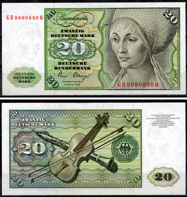 ФРГ 20 марок 1980 Эльсбет Тухер (Альбрехт Дюрер), скрипка, кларнет, без Deutsche Bundesbank Pick 32 c  бумага  aUNC 451-920-1