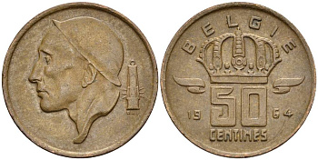 БЕЛЬГИЯ 50 САНТИМОВ 1964 BELGIE KM 149.1 бронза 4528-959