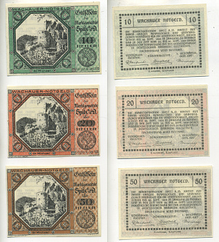 АВСТРИЯ, ВАЧАУ НАБОР ИЗ 3 БАНКНОТ 1920 30 СЕНТЯБРЯ 1920, НОТГЕЛЬД, 10, 20, 50 ГЕЛЛЕРОВ, SPITZ A/D DONAU, ВТОРОЙ ВЫПУСК, ЗАМОК ST.MICHEL бумага aUNC 70-21-2