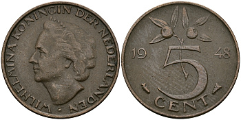 НИДЕРЛАНДЫ 5 ЦЕНТОВ 1948 ВИЛЬГЕЛЬМИНА KM 176 бронза 95-227