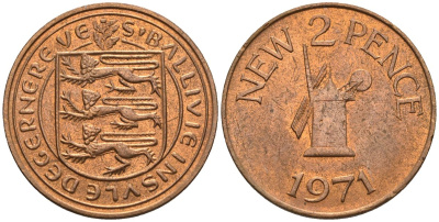 Гернси 2 пенса 1971 Ветряная мельница KM 22 бронза  aUNC  4610-442
