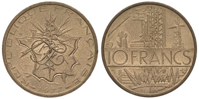 Франция 10 франков 1977 тип Матье KM 940, Le Franc 365.9-10 никель латунь 4123-616