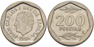 ИСПАНИЯ 200 ПЕСЕТ 1986 ХУАН КАРЛОС I ( 1975-) KM 829 медно-никель 216-512
