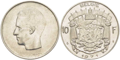 БЕЛЬГИЯ 10 ФРАНКОВ 1971 BELGIE, БОДУЭН I (1951-1993) KM 156.1 никель 38-631