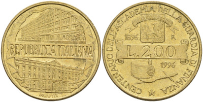 Италия 200 лир 1996 R, 100 лет Академии таможенной службы KM 184 алюминиевая бронза 4126-131