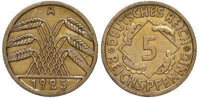 Германия 5 рейхспфеннигов 1925 A KM 39, J. 316, Weege 7 алюминиевая бронза 4602-1236