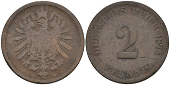Германия 2 пфеннига 1875 D, старогербовка KM 2, J. 2 медь 4575-644