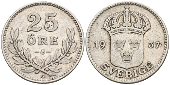 Швеция 25 эре 1937 G, Густав V (1907-1950) KM 785 серебро 4147-939