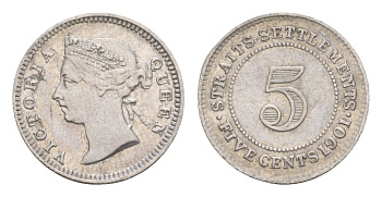 Стрейтс-Сетлментс (Стрейтс Сетлментс) 5 центов 1901 Виктория (1837-1901) KM 10 серебро 1518-222