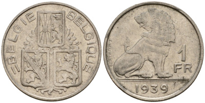 Бельгия 1 франк 1939 Belgie - Belgique KM 120 никель 217-543