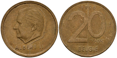 Бельгия 20 франков 1996 Belgie, Альберт II (1994-2013) KM 192 никель бронза 4599-232