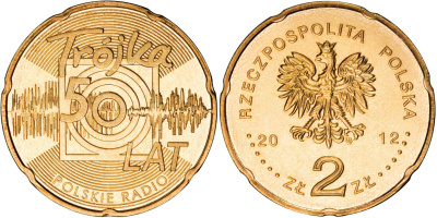 Польша 2 злотых 2012 MW, 50 лет радио "тройка" KM 816 нордик UNC 4513-715