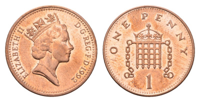 Великобритания 1 пенни 1992 Елизавета II (1952-2022) KM 935a, Spink 4391 (B4) сталь плакированная медью aUNC 4696-763