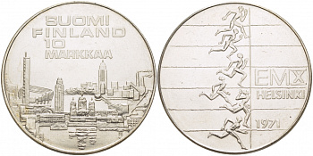Финляндия 10 марок 1971 S-H, X Чемпионат Европы по легкой атлетике KM 52 серебро UNC 1515-1344