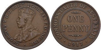 АВСТРАЛИЯ 1 ПЕННИ 1917 ГЕОРГ V KM 23 бронза 82-711