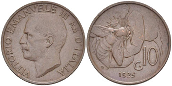 ИТАЛИЯ 10 ЧЕНТЕЗИМО 1925 R, МОНДВОР РИМ, ВИКТОР ЭММАНУИЛ III (1900-1946) KM 60 медь 4525-255
