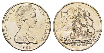 Новая Зеландия 50 центов 1980 Елизавета II (1952-2022), парусник Индевор, тираж 27.000 экземпляров KM 37 медно-никель BU 189-746