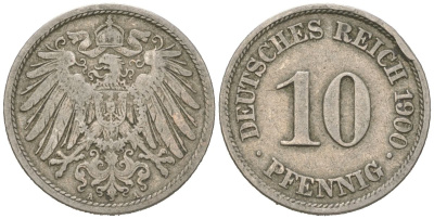 Германия 10 пфеннигов 1900 A, Вильгельм II (1888-1918) KM 12, J. 13 медно-никель 4615-746