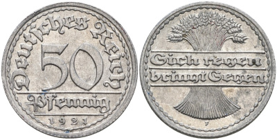 Германия 50 пфеннигов 1921 F KM 27, J.301, Weege 10 алюминий UNC 4584-745