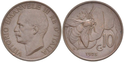 ИТАЛИЯ 10 ЧЕНТЕЗИМО 1925 R, МОНДВОР РИМ, ВИКТОР ЭММАНУИЛ III (1900-1946) KM 60 медь 4525-255