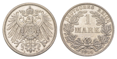 Германия 1 марка 1914 A, Вильгельм II (1888-1918) KM 14, J. 17 серебро aUNC 4626-227